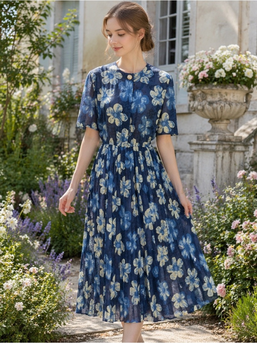 Vintage Lady Carol Floral Midi Dress Blue Pleated Waist Button Front USA Size 8